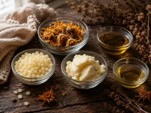 A dark glass dropper bottle labeled jojoba oil sitting next to a glass bowl of small, yellow beeswax pellets on a wooden surface.
