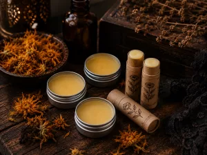 Small metal tins and cardboard tubes filled with homemade yellow lip balm, surrounded by loose dried calendula flowers on a dark wooden background.