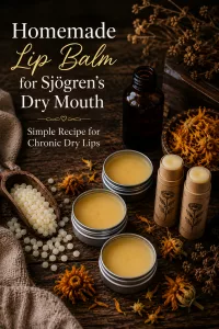 Homemade Lip Balm for Sjögren's Dry Mouth Pinterest pin graphic showing filled lip balm tins and ingredients on a dark wooden background.