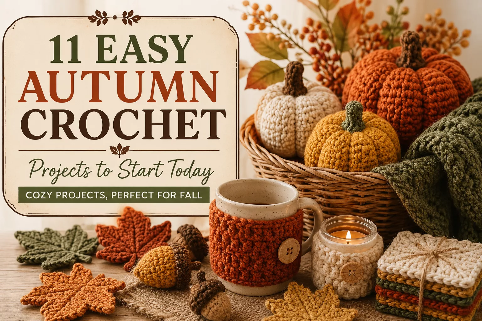 Easy autumn crochet projects including crochet pumpkins, leaves, acorns, mug cozy, coasters, and fall home decor in warm autumn colors.