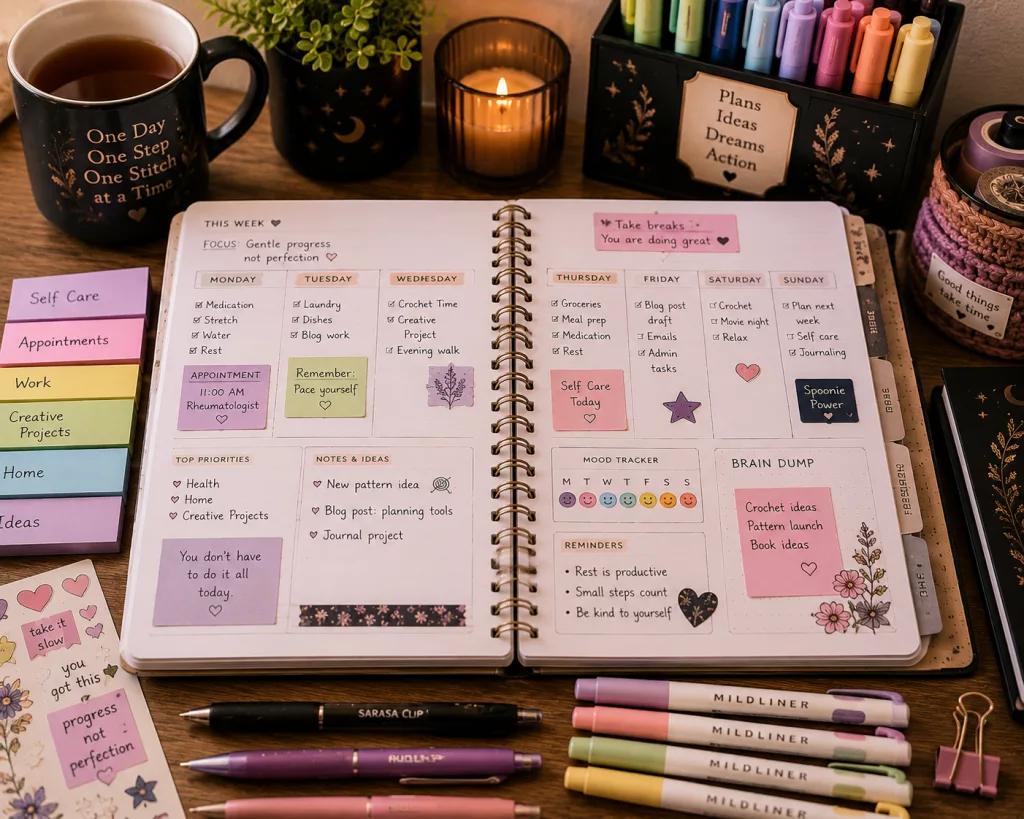 ADHD friendly planner with color coded tasks, notes, and visual organization tools.