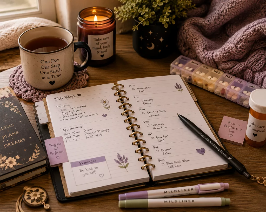 Planner, tea, and medication organizer on a cozy table for managing daily life with chronic illness and limited energy
