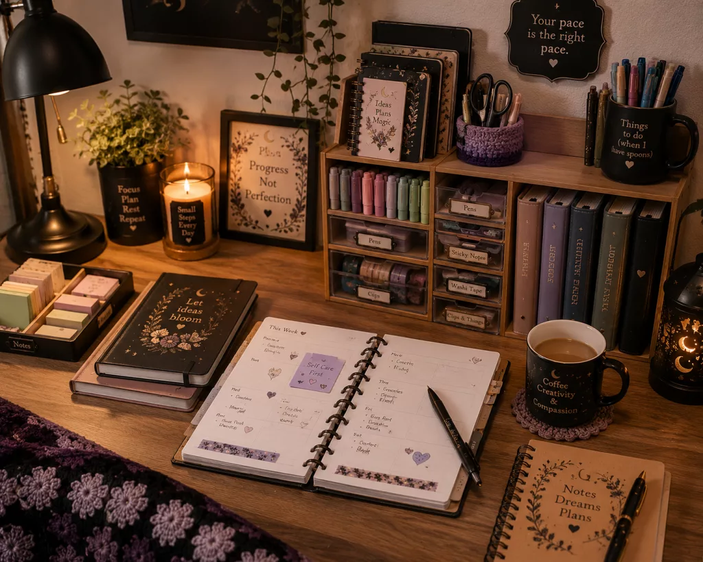 Organized desk with planners, storage solutions, and cozy lighting for a calm workspace.