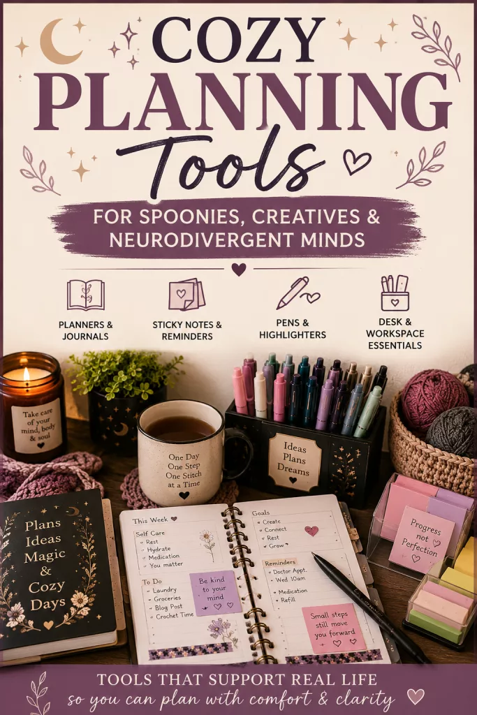 Collection of cozy planning tools including planners, journals, sticky notes, pens, and desk organizers for spoonies and neurodivergent creatives.