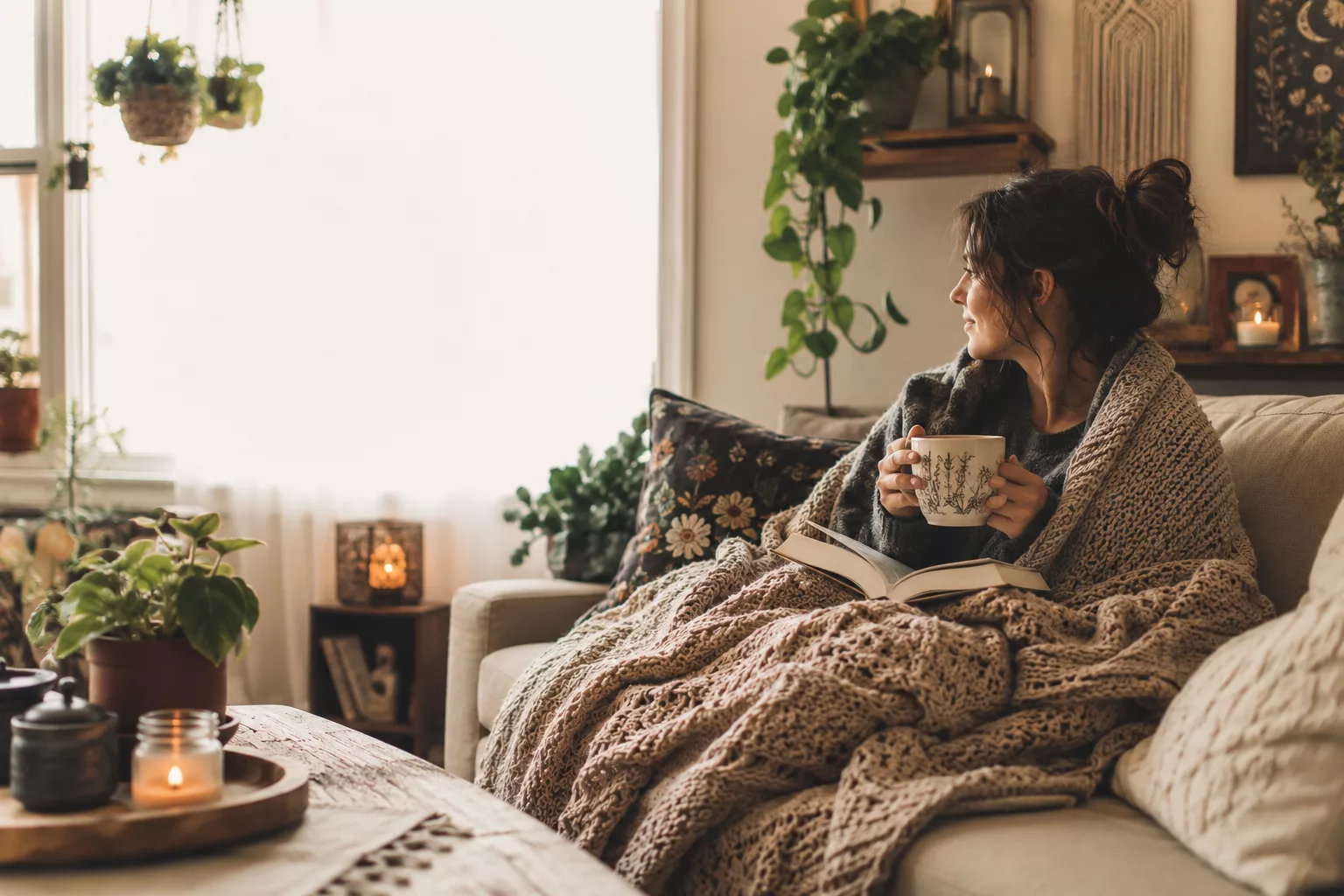 Person resting on a cozy couch with a blanket while reading, illustrating pacing with chronic illness and fatigue management.