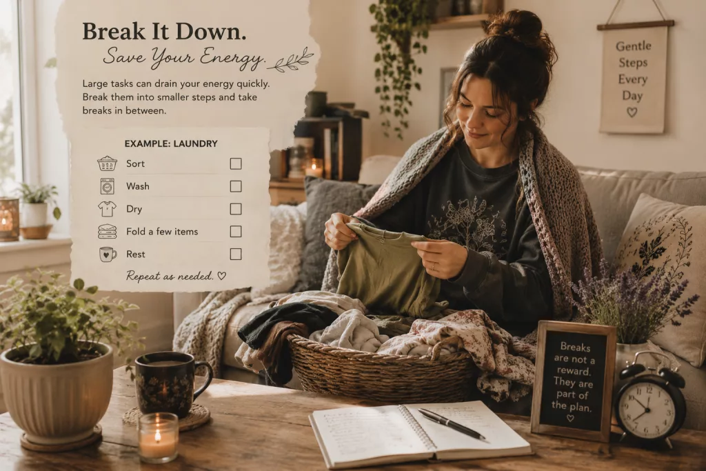 Person folding a small basket of laundry while taking breaks during household chores. Showing pacing with chronic illness.