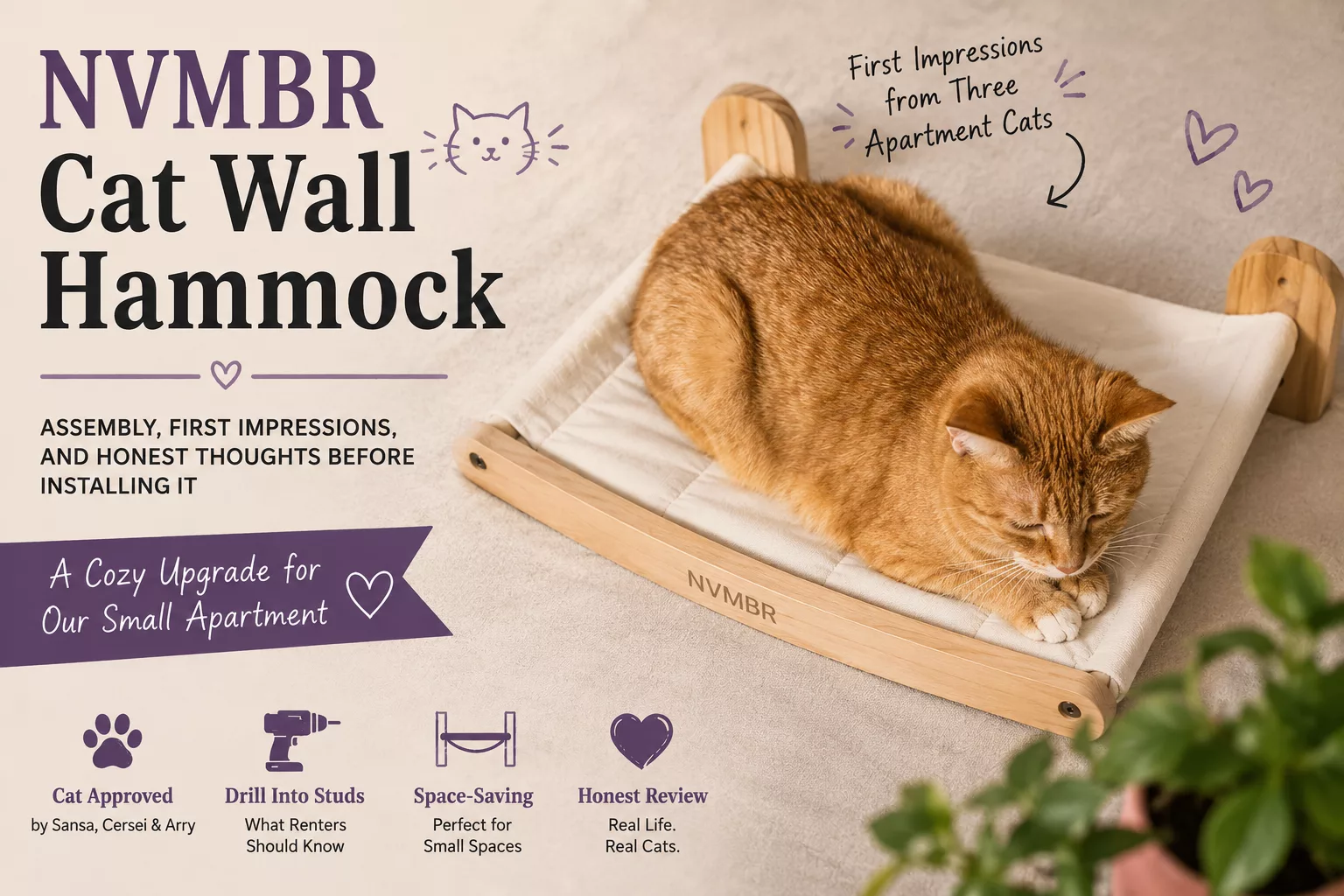 An orange tabby cat is sitting comfortably inside the wooden framework of the NVMBR Cat Wall Hammock, which is resting on a light-colored carpeted floor. The wooden frame features two curved sides connected by fabric, with a set of sisal-wrapped stairs attached to the side.