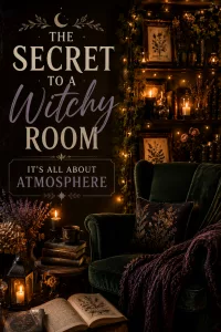 A cozy witchy room aesthetic with a vintage wooden desk, open books, and warm ambient lighting.