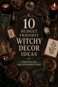 Graphic titled '10 Budget Friendly Witchy Decor Ideas' featuring mystical symbols and candles, perfect for dark cottagecore and witchy room aesthetic inspiration.