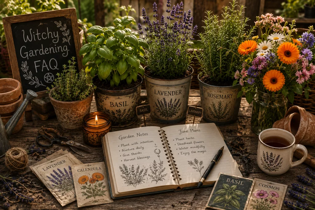 A witchy gardening FAQ display with a small chalkboard, various potted herbs like lavender and rosemary, a lit candle, a garden journal, and a cup of coffee.