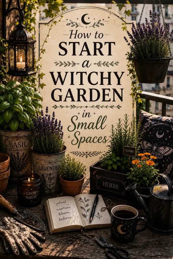 A cozy witchy garden setup in a small space featuring potted herbs like basil, lavender, and thyme, a gardening journal, gardening gloves, and a cup of herbal tea.