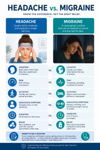 A side-by-side comparison infographic detailing the differences between migraines and headaches. The left column lists migraine features like localized pain, nausea, and visual aura, while the right column covers standard headache symptoms, triggers, and relief options.
