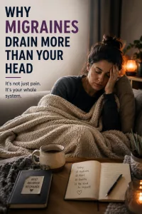 Graphic titled "Why Migraines Drain More Than Your Head" showing a woman wrapped in a blanket holding a warm mug. Below the text, a small sub-caption reads "It's not just pain. It's your whole system."