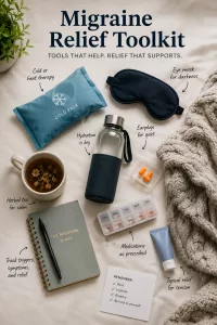 Graphic card titled "Migraine Relief Toolkit" with a subtitle that reads "Tools that help relieve that supports". The design uses soft, muted colors with a minimalist layout.