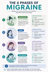 An infographic titled The 4 Phases of Migraine, illustrating the timeline of an attack. It features icons and text breaking down the symptoms of the Prodrome phase, Aura phase, Headache or Attack phase, and the Postdrome hangover phase.