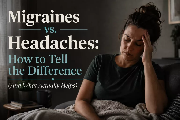 A moody, dark-toned side profile of a woman with her hand pressed to her temple, capturing the exhaustion and pain of a migraine. Text on the left reads "Migraines vs Headaches: How to Tell the Difference".