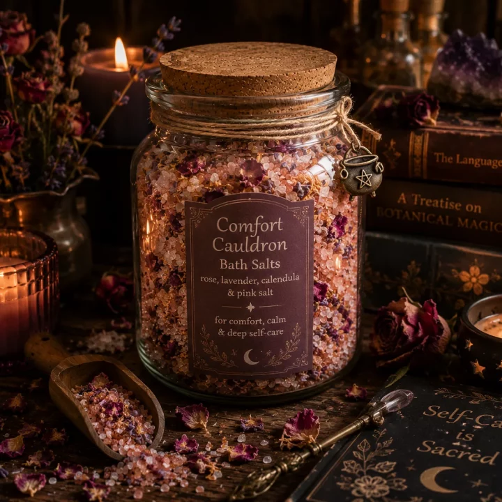 Comfort Cauldron bath salts with rose petals, lavender, and pink salt.