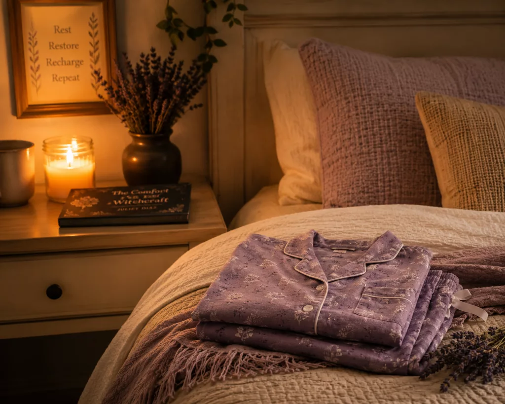 Cozy evening self-care setup after a relaxing bath ritual.
