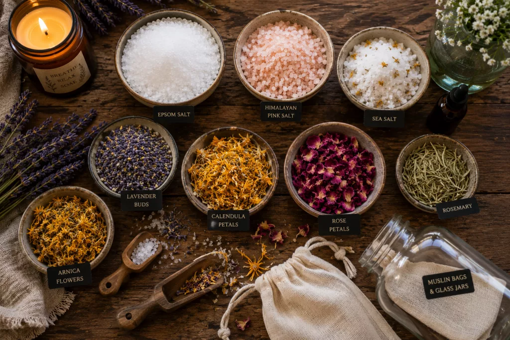 Ingredients used to make homemade witchy bath salts.