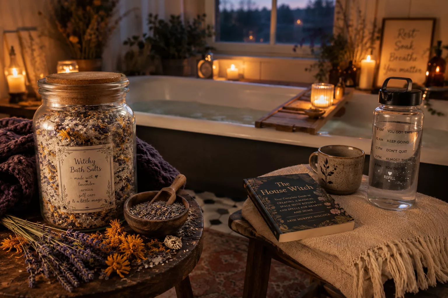 DIY witchy bath salts and cozy bath ritual setup for spoonie self-care.