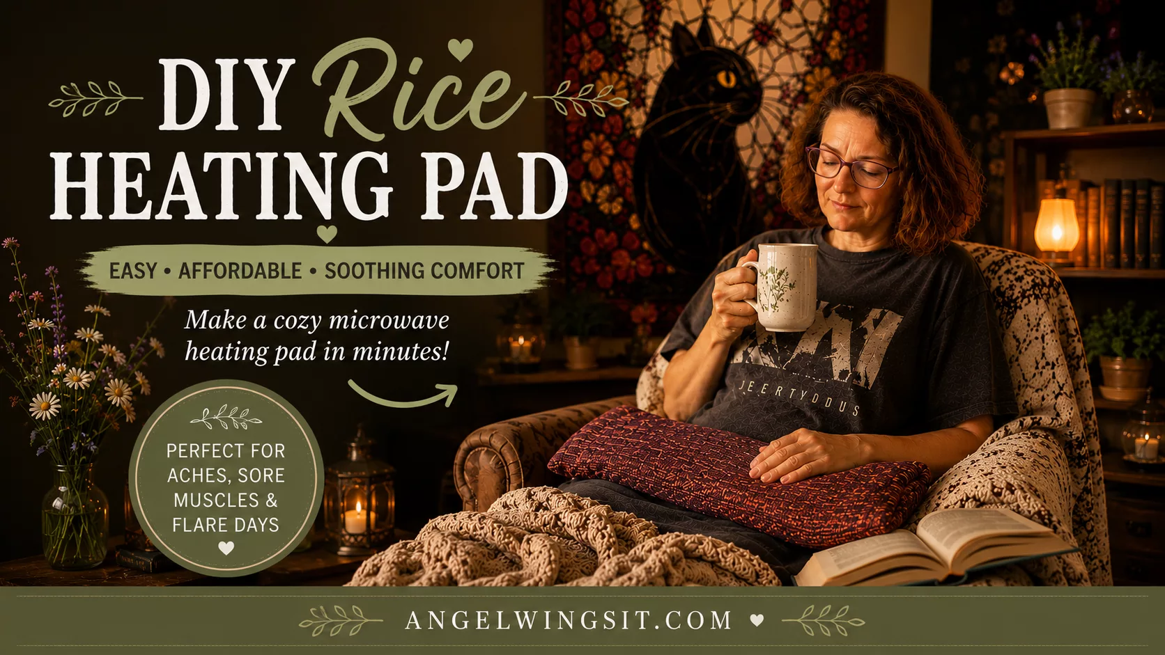 A beautiful featured image showing a completed DIY microwave heating pad on a wooden counter with decorations.