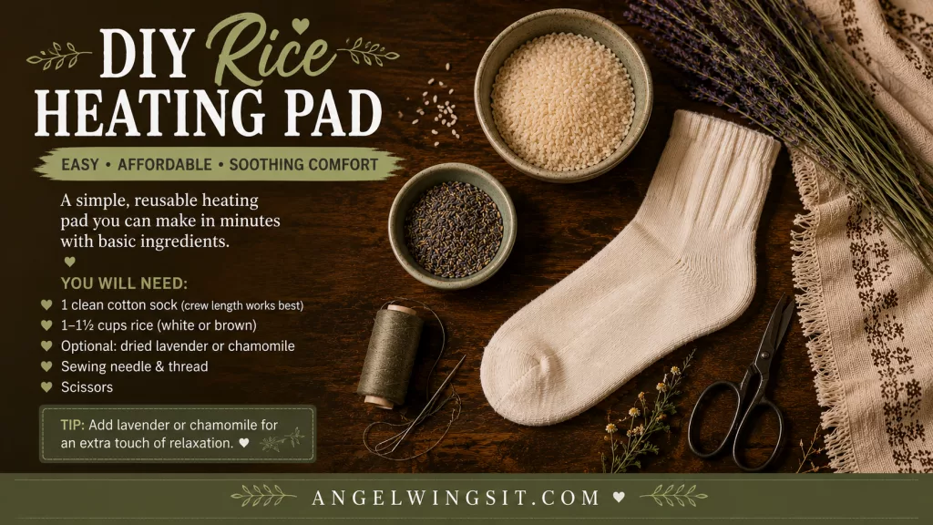 Ingredients and materials displayed on a wooden surface for a DIY microwave heating pad, including a clean cotton sock, a bowl of rice, dried lavender buds, thread, and scissors.