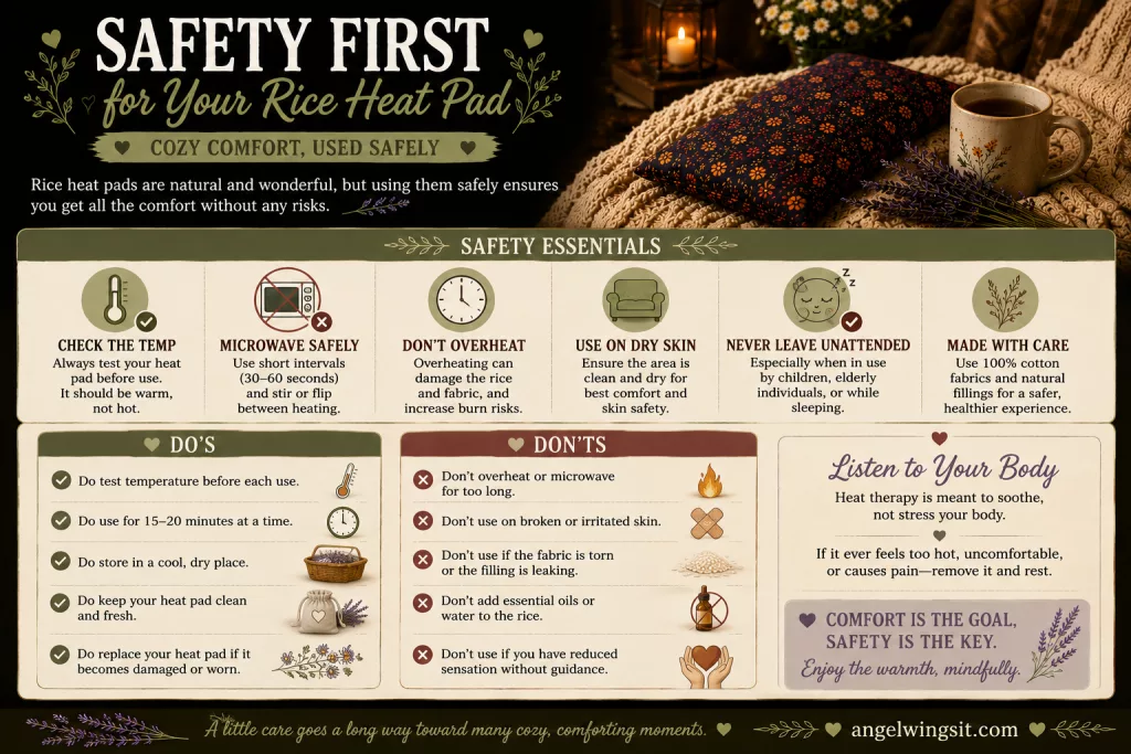 Safety essentials and guidelines graphic for using a DIY microwave heating pad, showing do's and don'ts such as checking temperature, microwave safely, and dry storage.