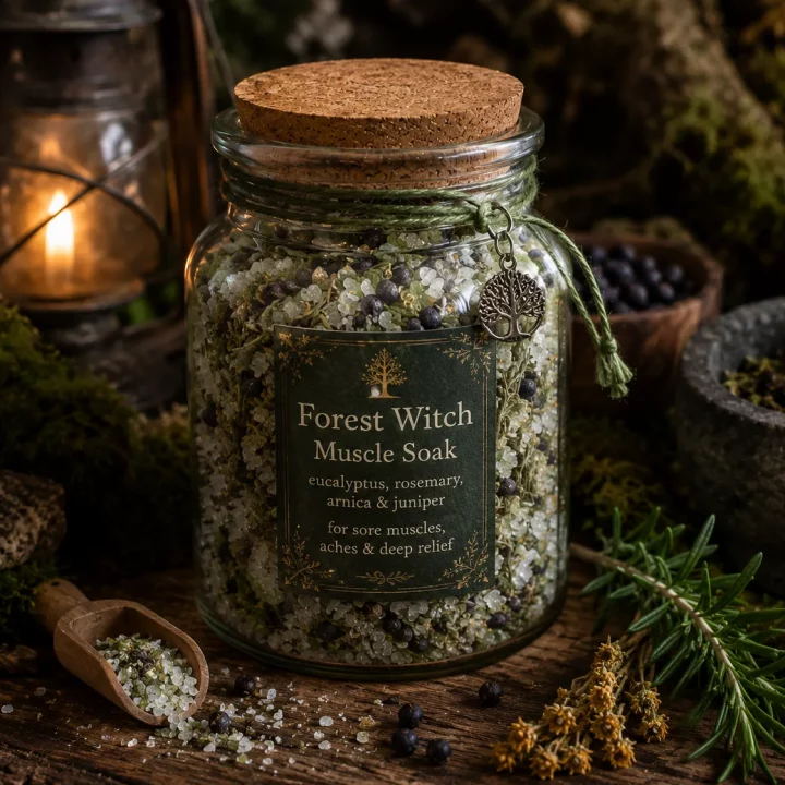 Forest-inspired herbal bath salts with rosemary and arnica.