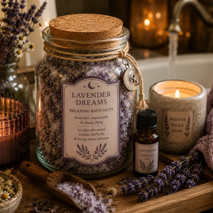 Glass jar of homemade Lavender Dreams bath salts made with lavender, chamomile, and arnica flowers, surrounded by lavender sprigs, candles, and cozy bath ritual items beside a warm bathtub, creating a calming witchy self-care atmosphere.
