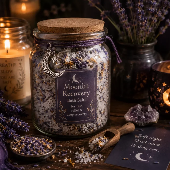 Moonlit Recovery bath salts with lavender and arnica.