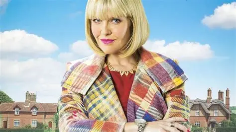 Agatha Raisin looking stylish and determined in a vibrant outfit, set against a charming Cotswold village backdrop.