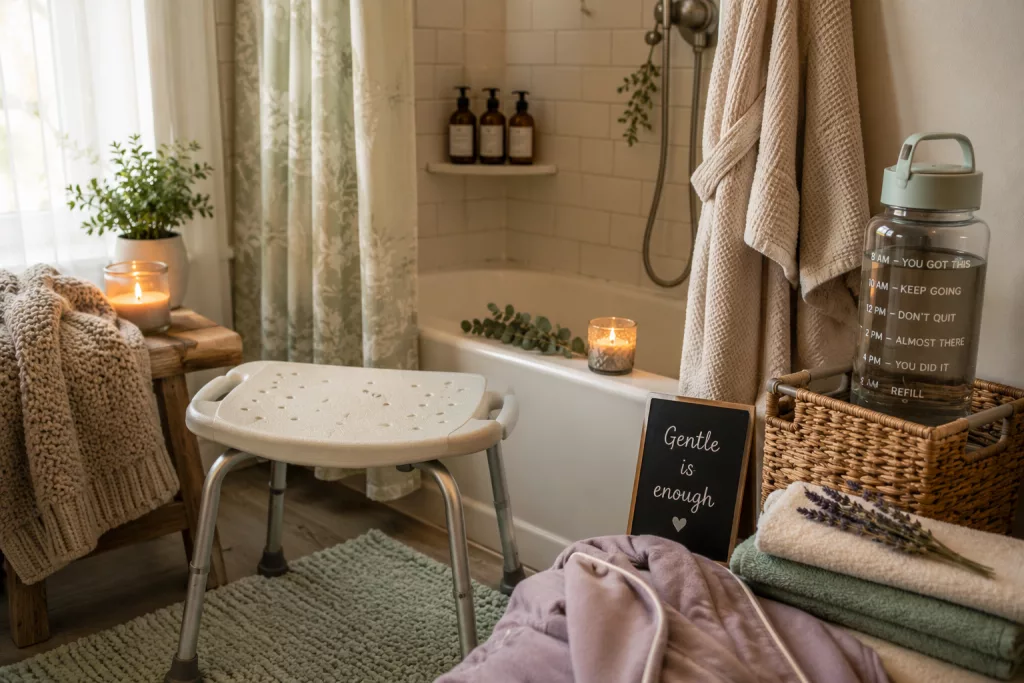 Accessible shower setup with stool and comfort items for chronic illness self-care.