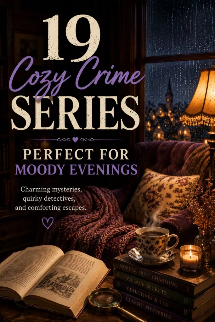 A moody, dark cottagecore-style graphic titled '19 Cozy Crime Series Perfect for Moody Evenings' featuring a vintage typewriter on a dark wood desk next to a glowing candle, an ornate teacup, and a small stack of mystery books under warm, soft light
