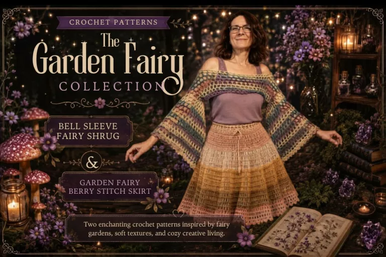 A crochet pattern ebook cover titled "The Garden Fairy Collection by Angel Livingston." The page layout features a whimsical, fairy-themed design that previews two romantic, cottagecore garments: the Bell Sleeve Fairy Shrug and the Garden Fairy Berry Skirt.