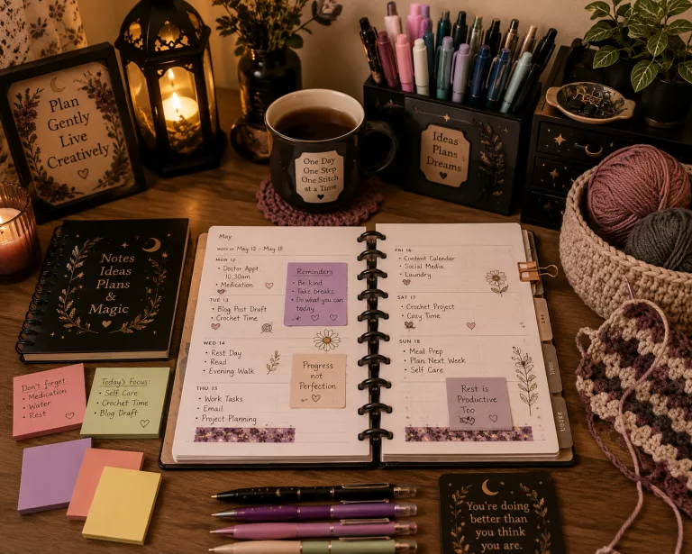 Cozy planning workspace with a planner, journal, sticky notes, colorful pens, crochet project, and warm lighting for spoonies, creatives, and neurodivergent minds.