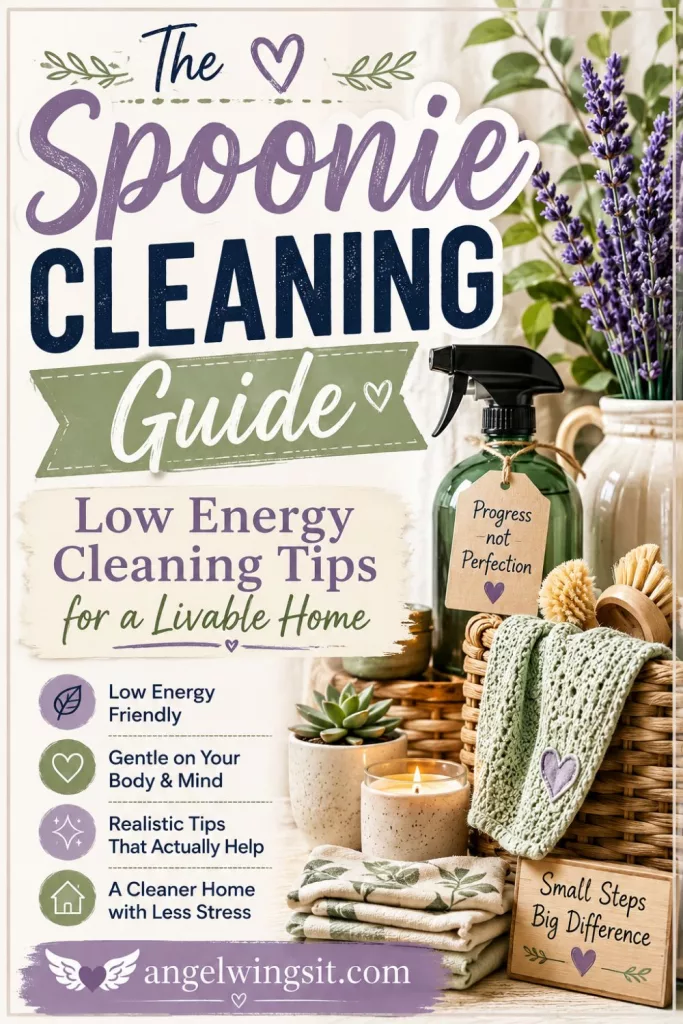 Vertical graphic for "The Spoonie Cleaning Guide: Low Energy Cleaning Tips for a Livable Home" featuring a cozy cleaning setup with a green spray bottle, wooden scrub brushes, a sage green knit cloth, and a lit candle in a woven basket next to lavender stalks.