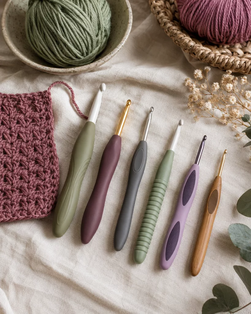 Flat lay of ergonomic crochet hooks with yarn and a crochet project showing comfort-focused crochet tools for reducing hand fatigue.