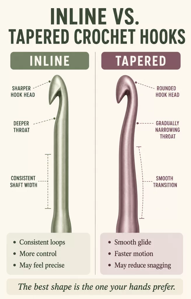 Educational infographic comparing inline and tapered crochet hooks, explaining hook shape differences, benefits, and which style may suit different crocheters.
