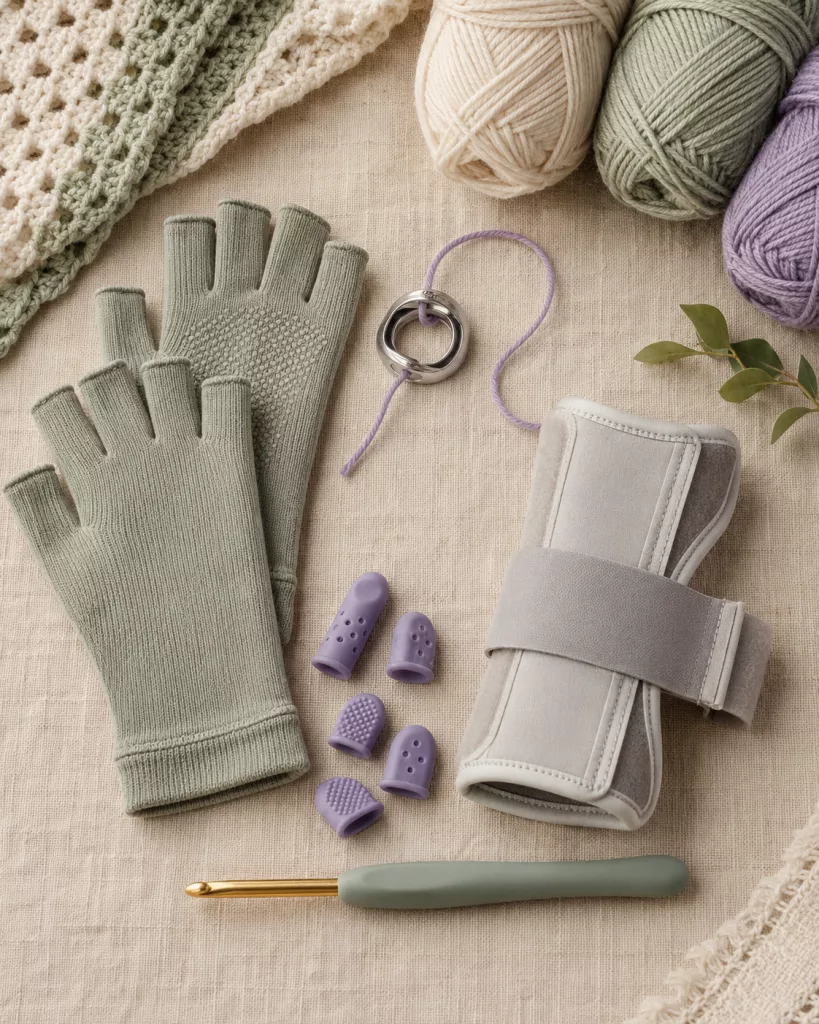 Compression gloves, yarn tension ring, silicone finger sleeves, wrist brace, and ergonomic crochet tools arranged on a wooden table.
