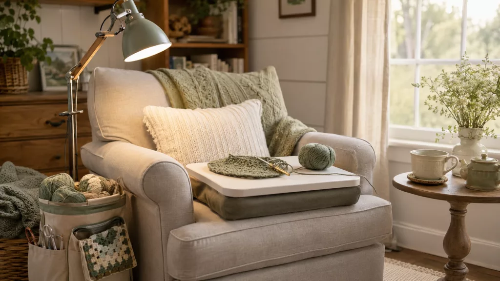 Comfortable crochet corner with lap desk, task lamp, blanket, project bag, ergonomic crochet tools, and cozy seating.