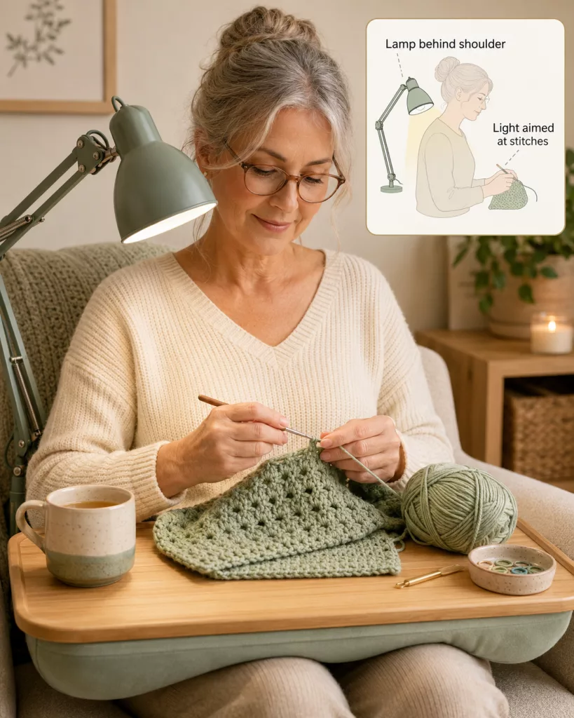 Task lamp illuminating a crochet project with proper lighting setup to reduce eye strain while crocheting.