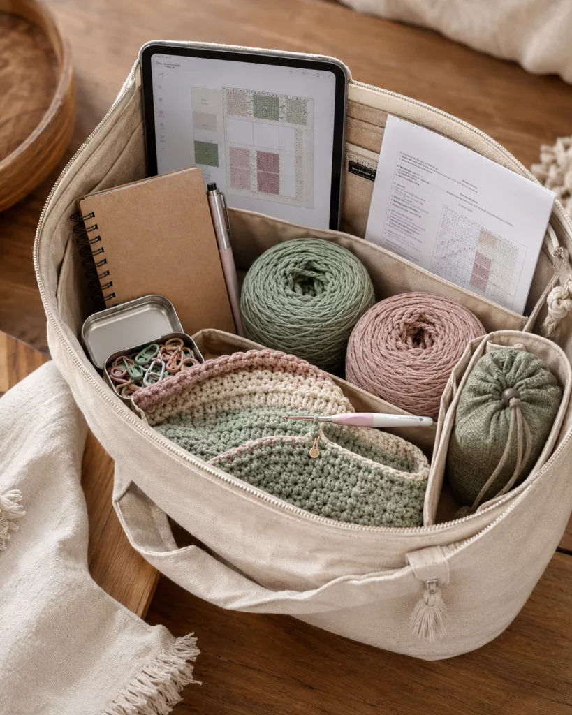 Organized crochet project bag with stitch markers, crochet journal, tablet, yarn, and planning tools for low-energy crafting.