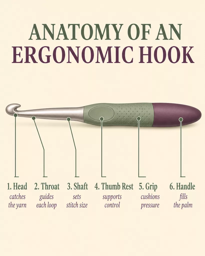 Labeled diagram of an ergonomic crochet hook identifying the grip, handle, shaft, throat, head, and key comfort features.