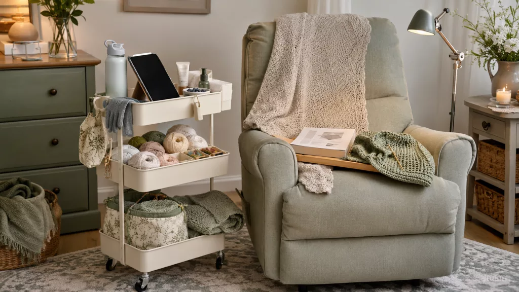Comfort-first flare-day crochet station with rolling cart, lap desk, blanket, task lamp, water bottle, and crochet supplies within easy reach.