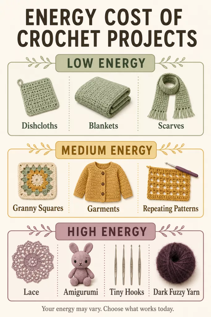 Infographic organizing crochet projects by low, medium, and high energy levels to help spoonie crafters match projects to available energy.