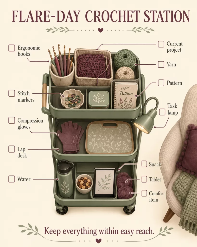 Illustrated checklist of crochet supplies to keep in a flare-day crochet station including hooks, lighting, water, project bag, and comfort items.