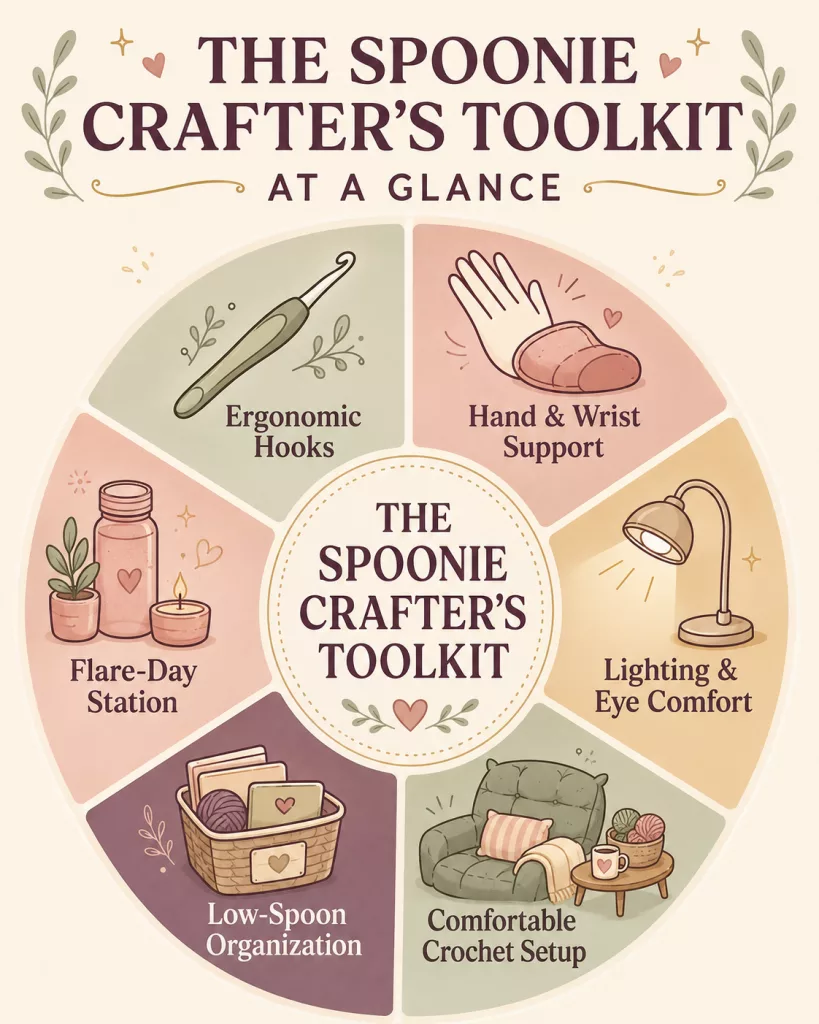 Infographic showing the six parts of the Spoonie Crafter's Toolkit including ergonomic hooks, hand support, lighting, organization, comfort setup, and flare-day essentials.