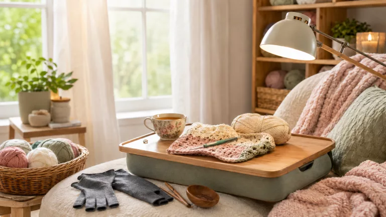 The Spoonie Crafter's Toolkit featuring ergonomic crochet tools, yarn, task lighting, compression gloves, tea, and a cozy comfort-first crochet setup.