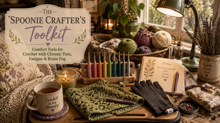 Flat lay of a cozy comfort-first crochet station featuring ergonomic crochet tools, colorful yarn, compression gloves, a task lamp, a warm blanket, and a cup of tea.