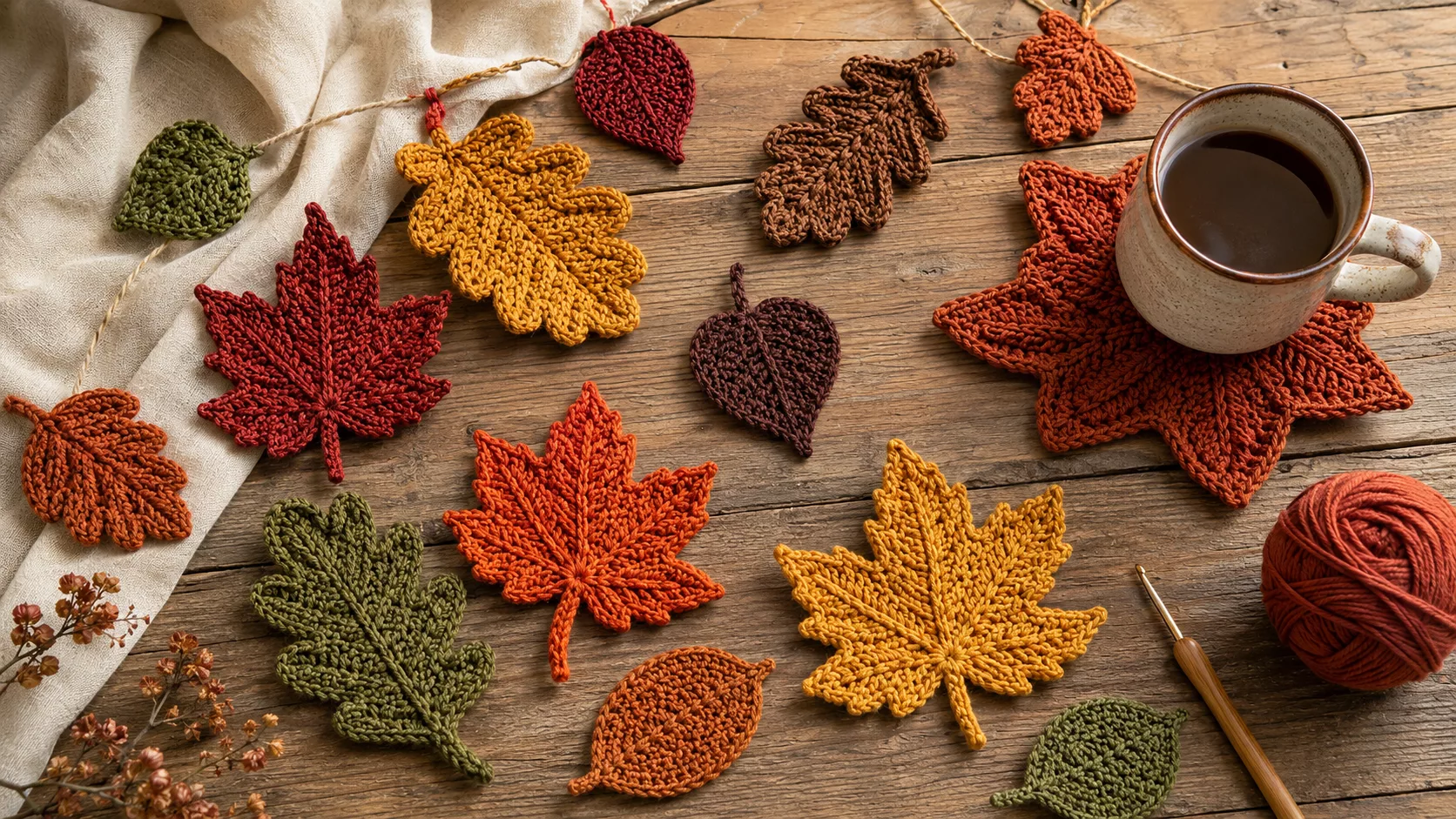 Colorful crocheted maple, oak, and simple autumn leaves arranged on a rustic wooden table with a leaf coaster, warm mug, yarn, and crochet hook.